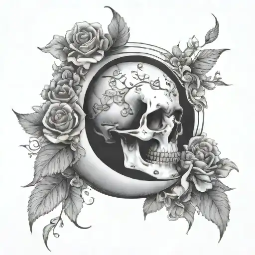 Crescent Moon With Skull And Flowers Blooming