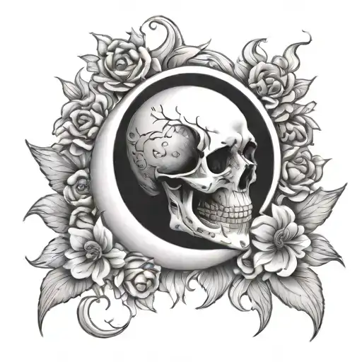 Crescent Moon With Skull And Flowers Blooming