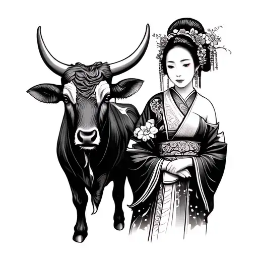 Geisha Girl And A Ox