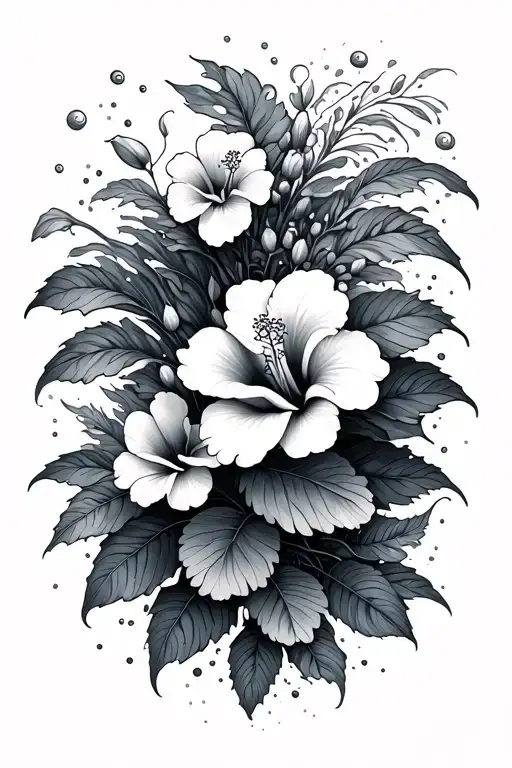 Ocean Waves Crashing With Little Habiscus Flowers Growing And Leaves