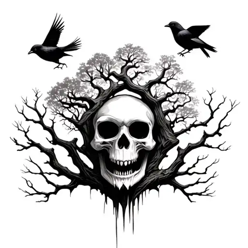 Skull With Poison Tree Coming Out Its Mouth And One Crow On The Trees Branches