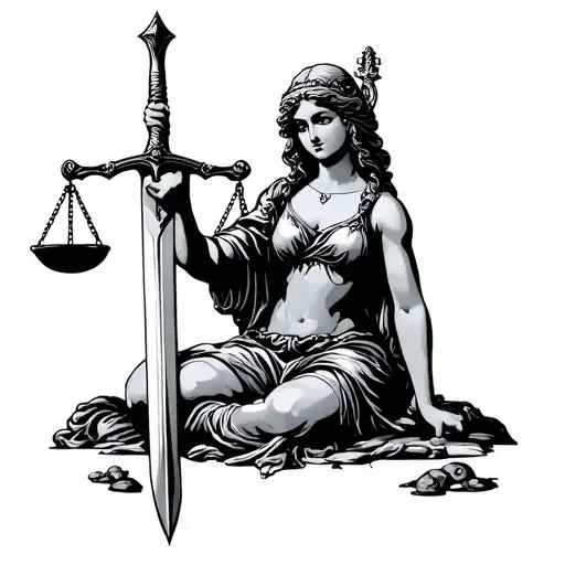 Lady Justice Holding Scales With Sword And Sitting