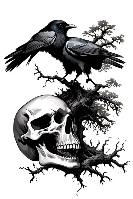 Skull With Poison Tree Coming Out Its Mouth And One Crow On The Trees Branches