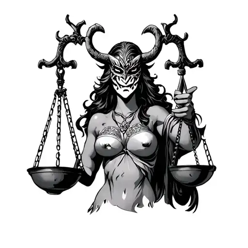 Lady Justice Wearing Oni Mask And Her One Of Her Hand Holding Up A Scale