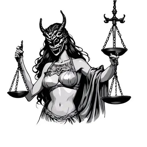 Lady Justice Wearing Japanese Oni Mask And Her One Of Her Hand Holding Up A Scale