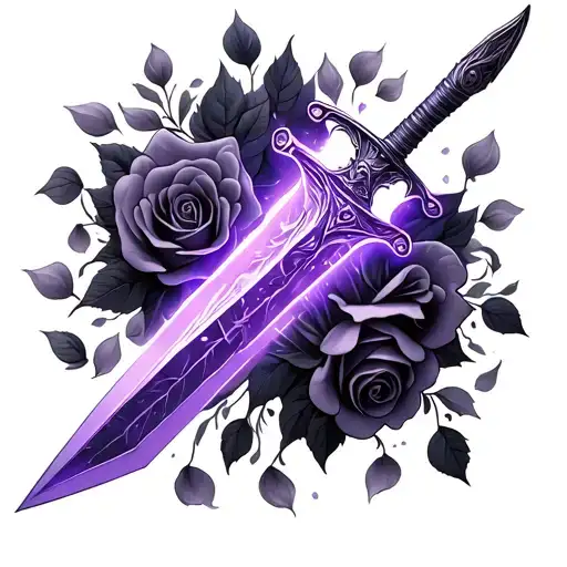 A Glowing Purple Dagger With Rose Petals Around It