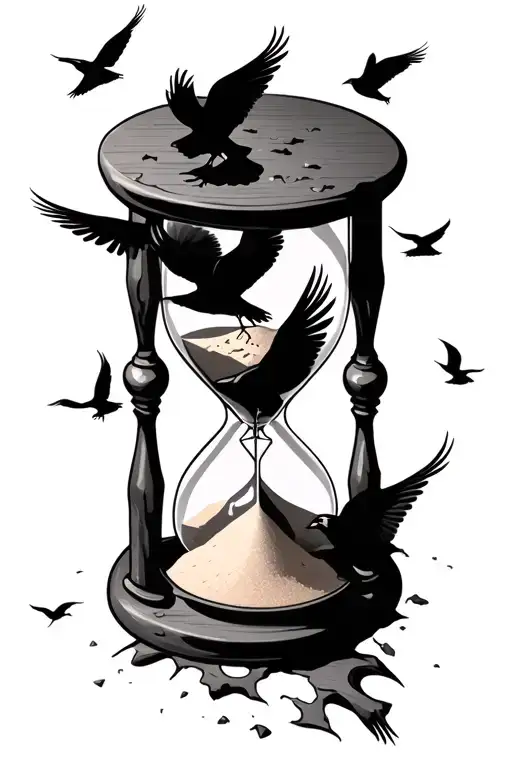A Broken Hourglass That Has Sand Inside And Crows Flying From The Broken Opening And Upwards