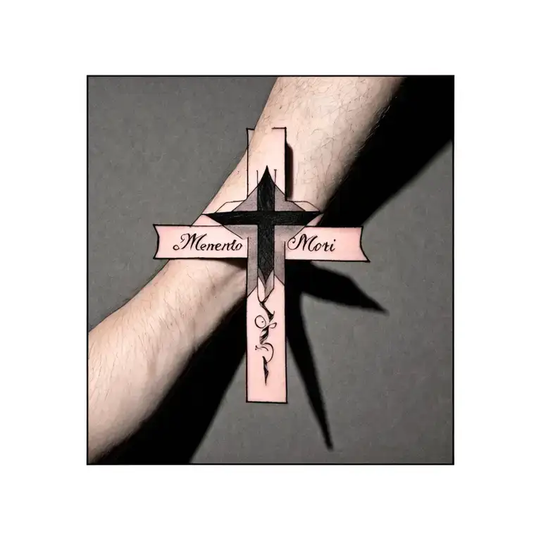 Geometric Cross Across The Wrist And Including The Inscription Memento Mori