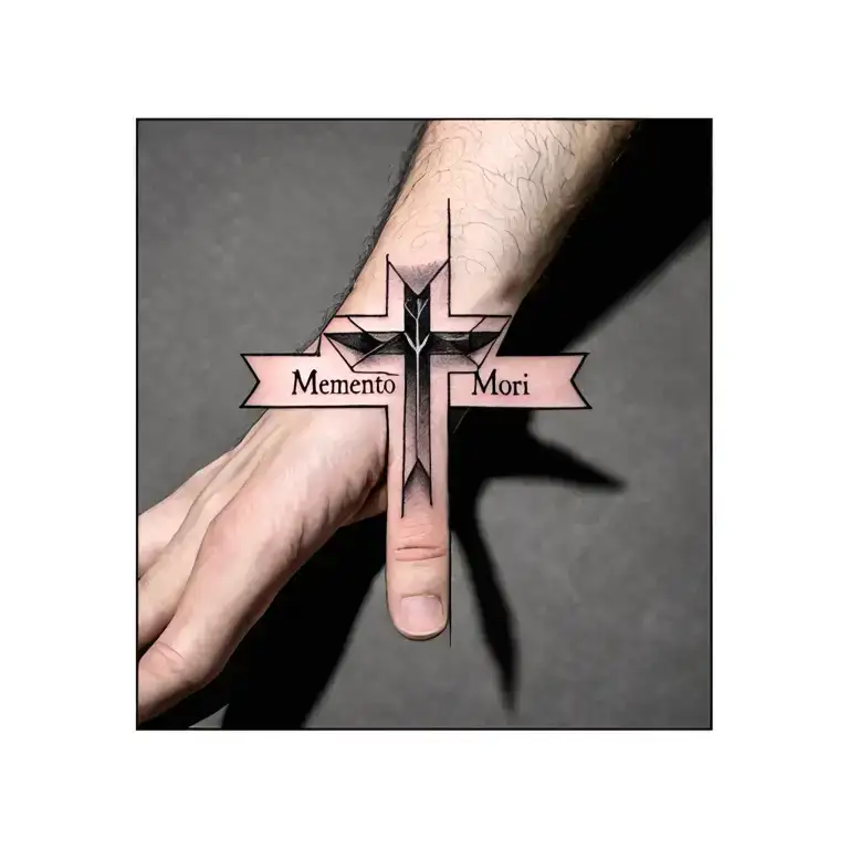 Geometric Cross Across The Wrist And Including The Inscription Memento Mori