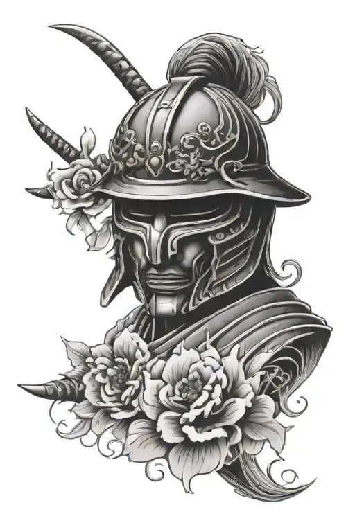Samurai Helmet Tattoo With Japanese Flowers And Japanese Waves
