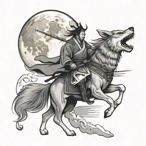 Samurai With Wolf Howling At The Moon