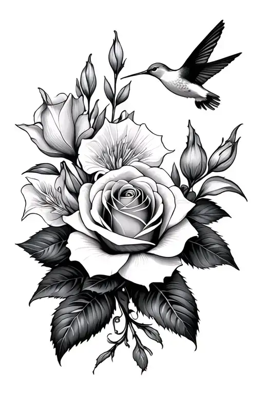 Rose And Gladiolus With Hummingbird Hovering