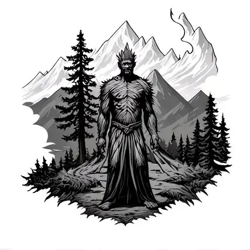 Wicker Man On Fire Standing In A Forest With Mountains In The Background