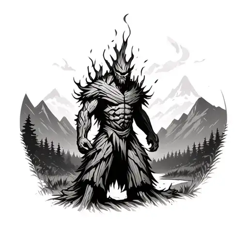 Wooden Wickerman On Fire Standing In A Forest With Mountains In The Background