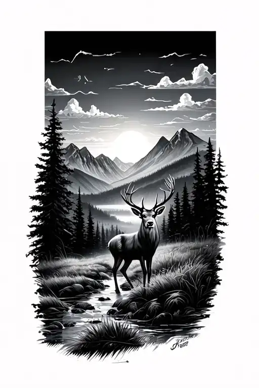 Mountains Deer Streams Field Durning Sunset