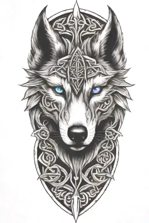 Wolf With Blue Eyes On Armor Tattoo Design Featuring Celtic Trinity Knot