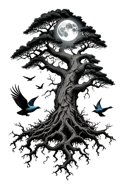 Poison Tree With A Moon At The Top And Birds Flying Around