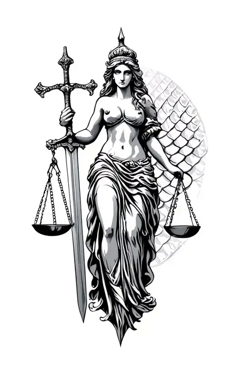 Lady Justice With Scales In The Back And Sword In He Midle