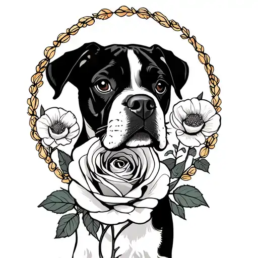 Boxer Dog Silhouette With Rose And Poppy Halo