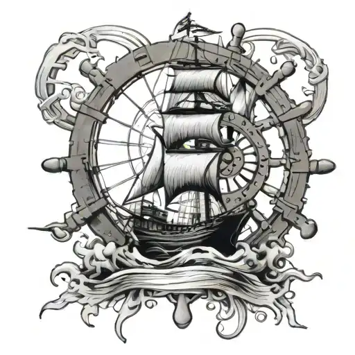 Junk Boat And Ship Wheel