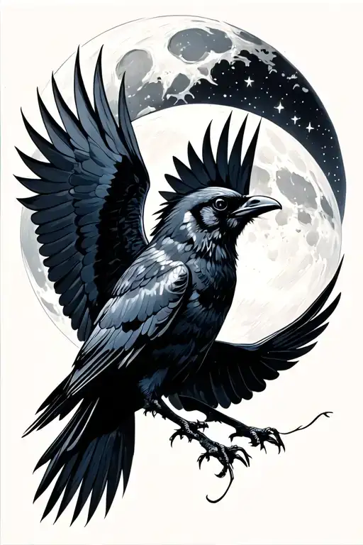 Back Of Crow Flying Away Towards Moon Surrounded