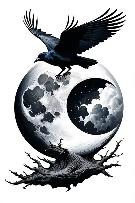 Crow Flying Away Towards Moon Surrounded