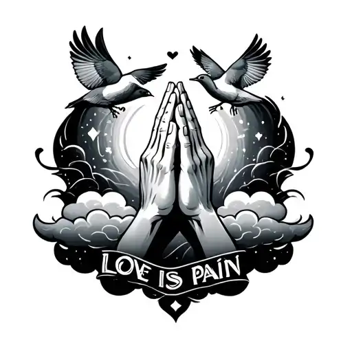 Praying Hands With Clouds With Birds Saying Love Is Pain
