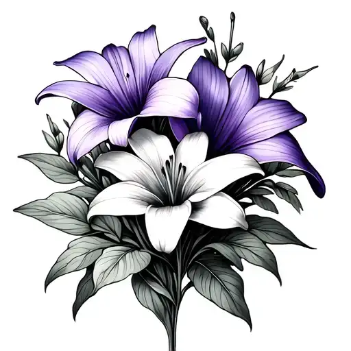 Small Fine Line Tattoo Of A Violet And A Lily In A Bouquet