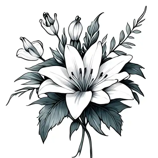 Small Fine Line Tattoo Of A Violet And A Lily In A Bouquet