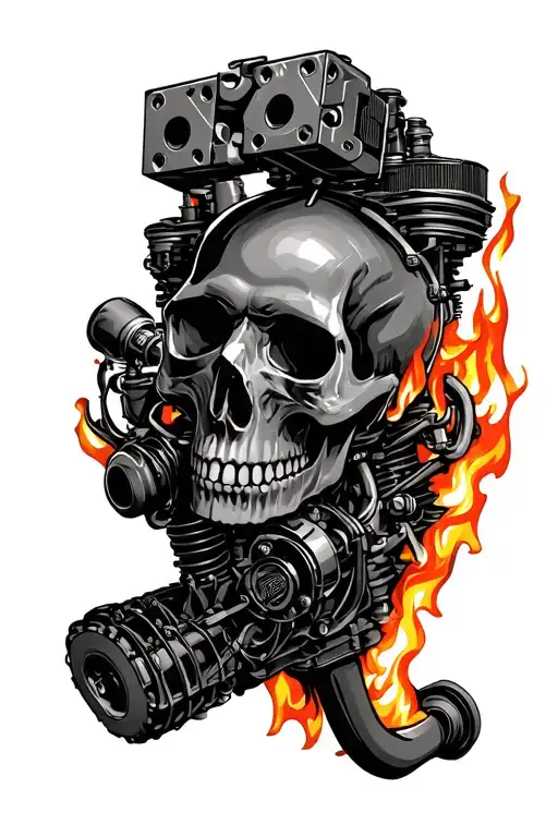 V8 Engine With Block Coming Out Of Burning Skull
