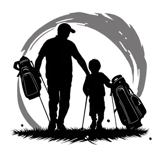 Father And Child Son Holding Golf Bags Walking Silhouette