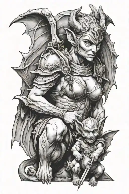Female Gargoyle Warrior With Her Toddler