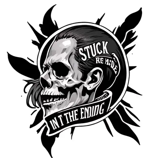 Head Tattoo That Reads Stuck In The Middle Of The Ending