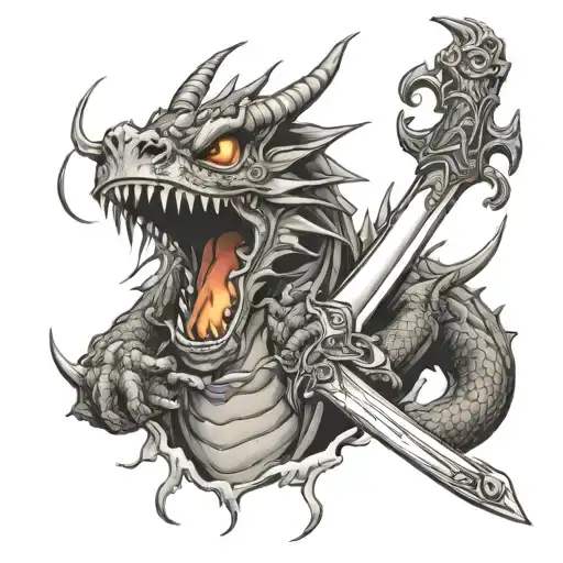 Dragon Holding Sword In Mouth With Flames