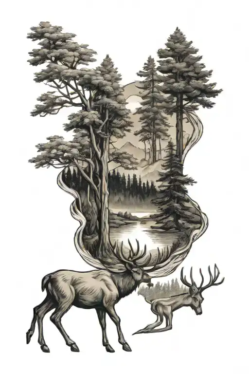 Forrest With River And Camping And Deer