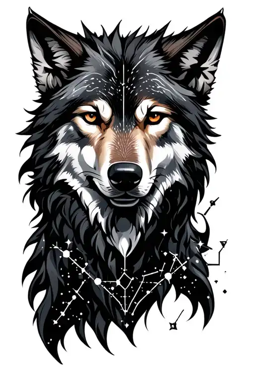 Wolf Bust With Constellation Of Gemini And Capricorn