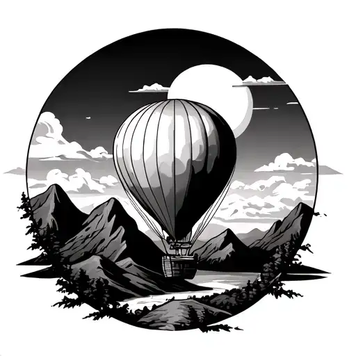 Hot Air Balloon With Mountains And The Sun
