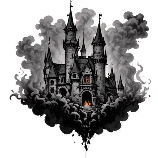 Upside Down Dark Gothic Burning Castle Surrounded By Black Mist And Smoke