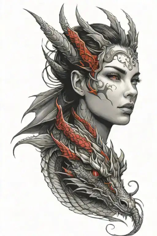 Beautiful Female Face With Dark Eyes With Red Dragon Overlay