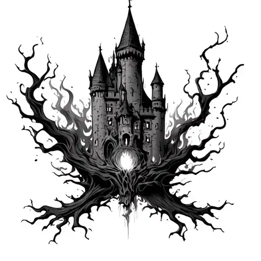 Upside Down Dark Gothic Burning Castle Emerging From Black Out