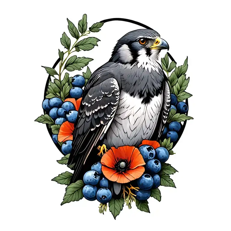 Peregrine Falcon With Blueberries And Poppies Around It