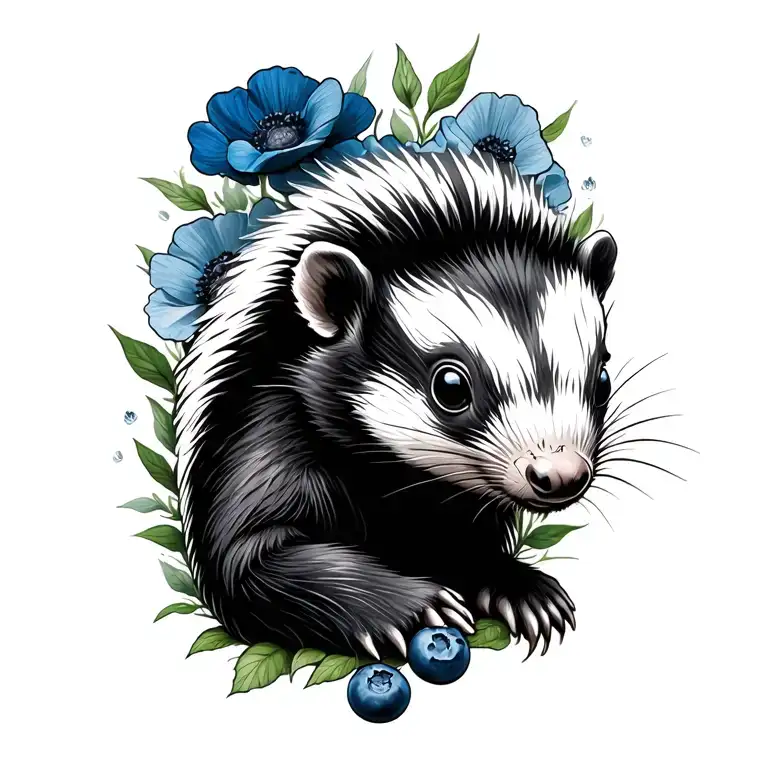 Skunk With Blueberries And Poppies Around It