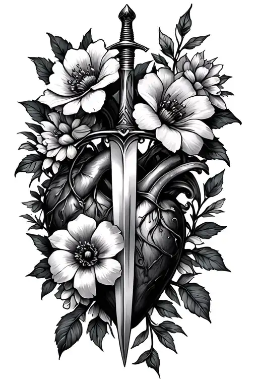 Flowers With A Sword Piercing A Heart