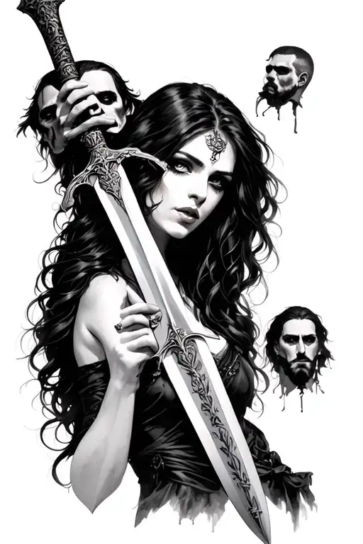 Gothic Woman Holding A Sword With Men's Heads On It