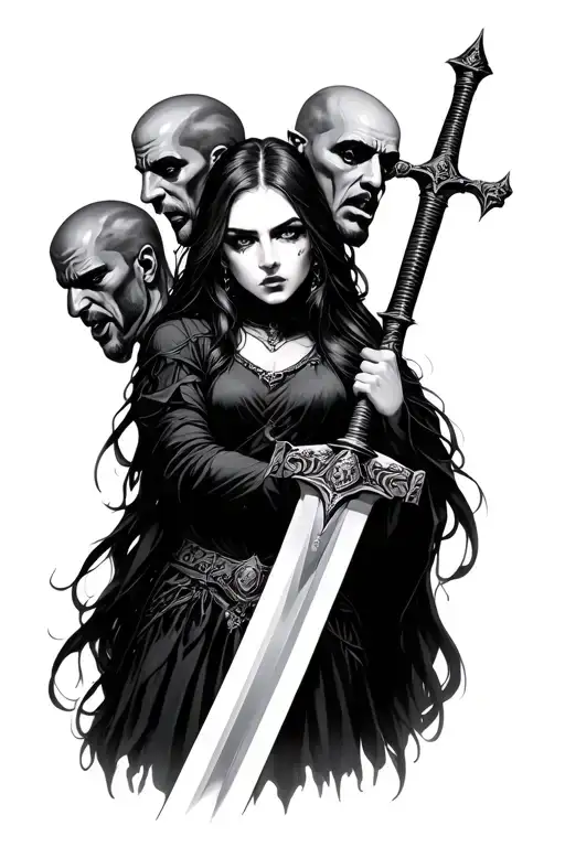 Gothic Woman Holding A Sword With Men's Heads On The Sword