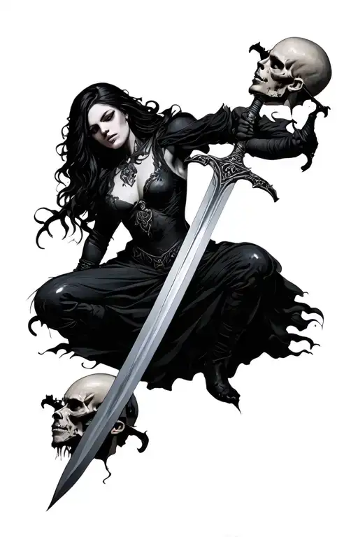 Gothic Woman Holding A Sword With Men's Heads Impaled By The Sword
