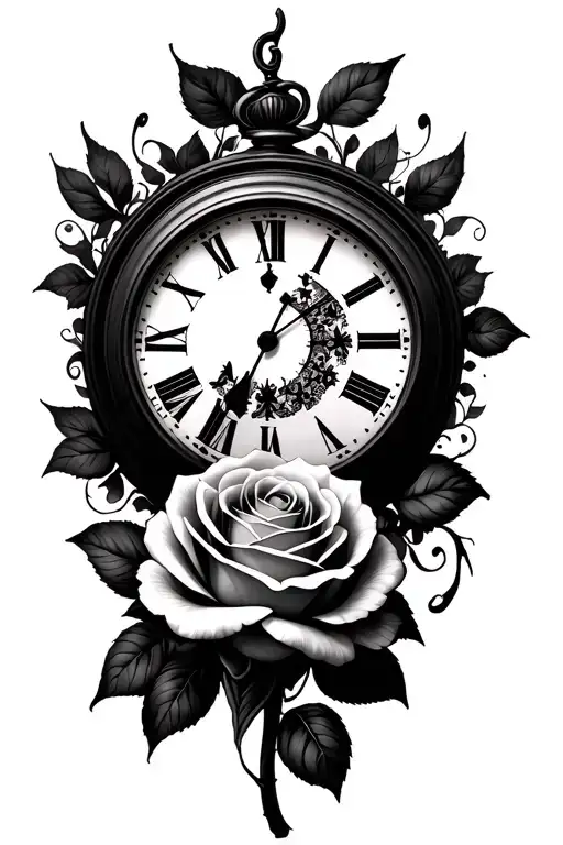 Clock And One Rose Under Clock