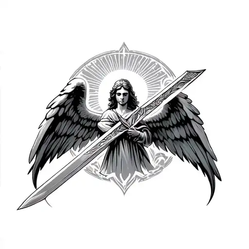 Guarding Angel Holding A Sword With Symetrical Shape Around And A Sun Above
