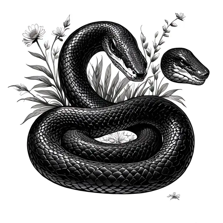 Snake Coiled Black With Some Plants And Flowers Growing Fully Balck And White