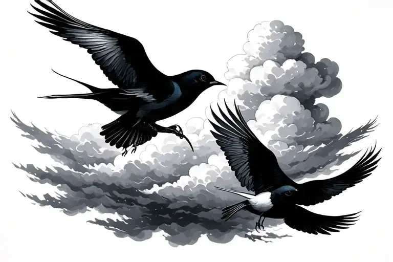 Clouds And Birds In Black And White Drawing